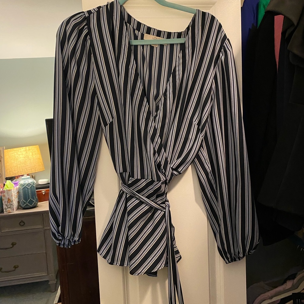 Striped Blue and White Wrap Top
